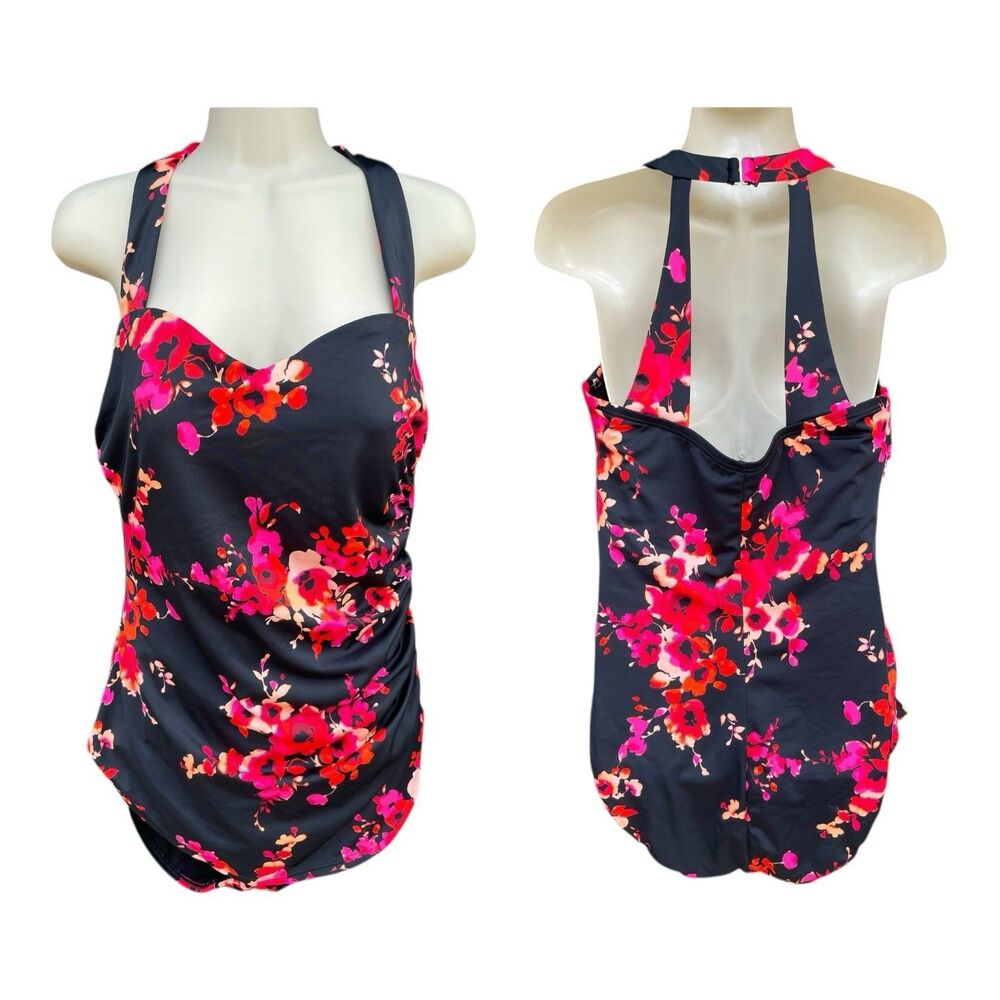 Swimsuits For All 14 Dark Floral Sarong One Piece Swimsuit H-Back Tummy Control